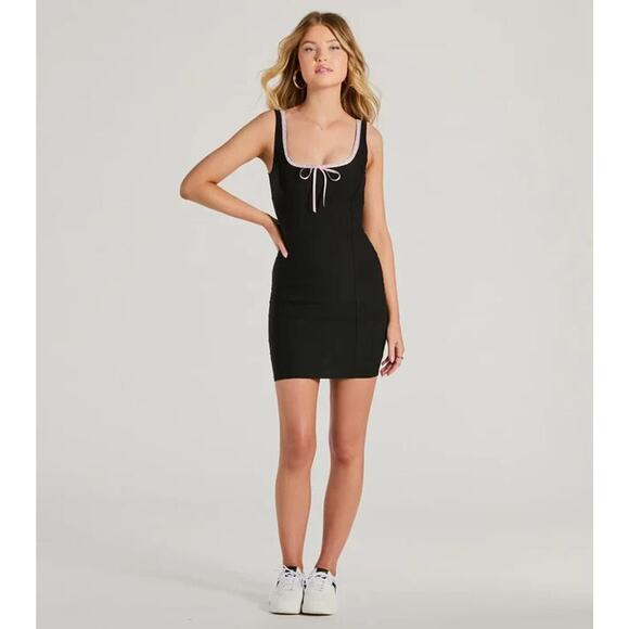 Y2K Coquette Black Bodycon Mini Dress with Pink Satin Ribbon Trim – Windsor Smal - Picture 2 of 12